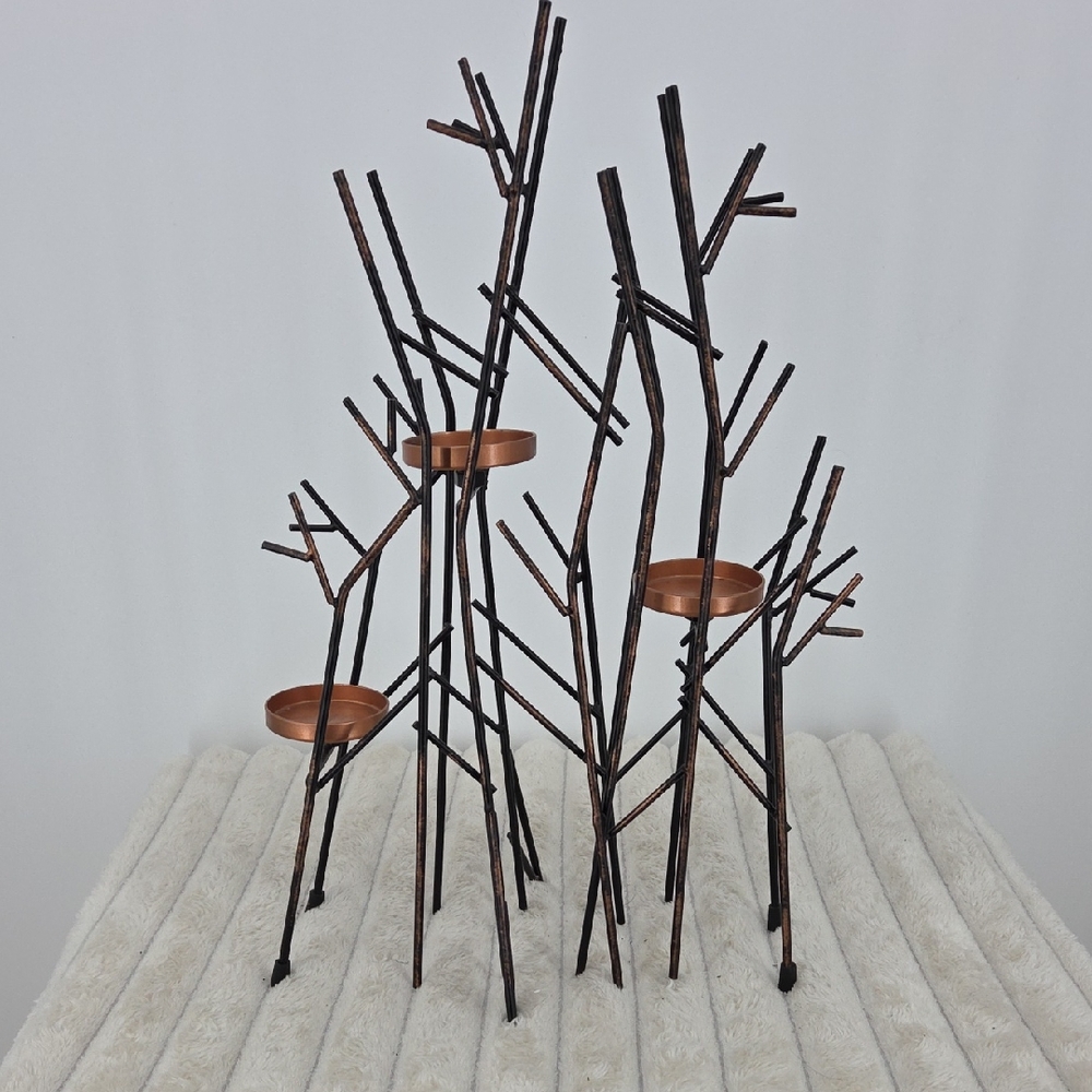 PartyLite Black Metal Branch Candle Sculpture with Copper Trays